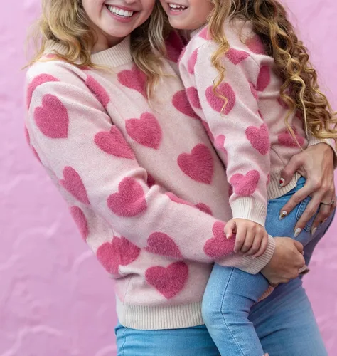 Vista 2 de BHMAWSRT Mommy and Me - Sudaderas de corazón para el día de San Valentín, suéteres de manga larga a juego para niñas, trajes de San Valentín