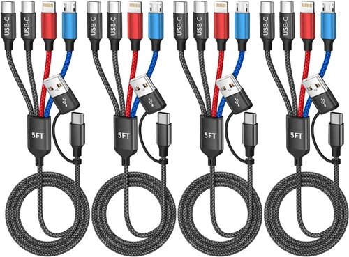 Vista 6 de 4-IN-1 USBC Multi Charging Cable, 5FT Phone Charger Cord Travel Essentials Universal Charger with 2xType-C/L/Micro USB Ports, Braided Travel