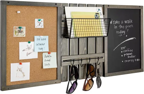 Vista 8 de MyGift - Juego de tablero de anuncios de entrada montado en pared de 3 paneles con marco de madera maciza rústica quemada, pizarra, tablero