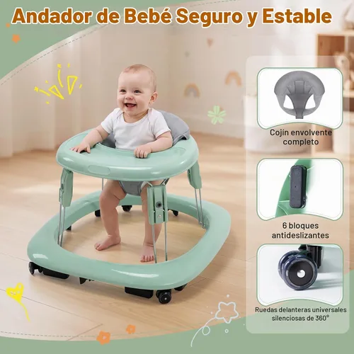 Vista 2 de Andador de bebé con ruedas, andador plegable de un solo toque y ajuste de Verde