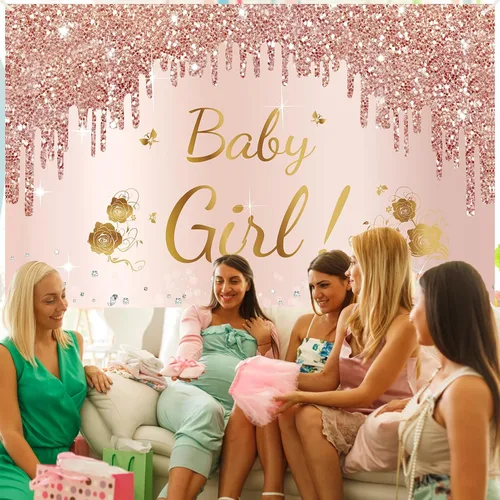 Vista 5 de Decoración de baby shower, pancarta para niña, fondo de fiesta de baby shower, fondo de fiesta de baby shower, fondo de fotomatón de fondo rosa