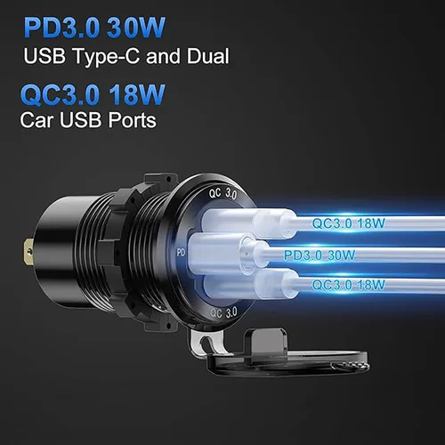 Vista 2 de Cargador de coche de aluminio de 12 V con salida USB de 12 V, puerto dual USB de carga rápida 3.0 y enchufe PD USB C con interruptor voltímetro