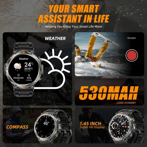 Vista 6 de Relojes inteligentes militares para hombres con GPS integrado con brújula linterna LED, reloj inteligente táctico resistente al agua 3ATM con texto