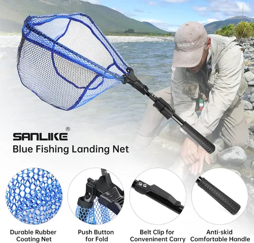 Vista 3 de SANLIKE Folding Landing Net Telescopic Pole Rubber Coated Fish Catch Net
