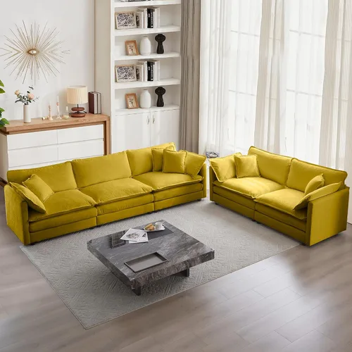 Vista 14 de mikibama Juego de sofá biplaza y sillón de lujo de 2 piezas, moderno juego de sofás nube tapizados de chenilla con 5 almohadas para sala de estar