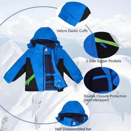 Vista 2 de Chaqueta de esquí impermeable para niños, abrigo de nieve cálido para invierno, con capucha, forro polar resistente al viento