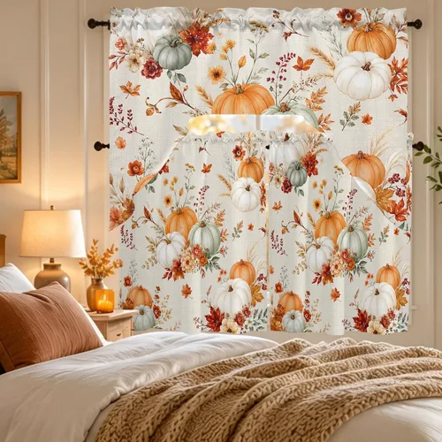 Vista 7 de Thanksgiving Fall Swag Kitchen Curtain Sets with Valance, Orange White Pumpkins 3 Pieces Curtain Drapes Rod Pocket for Bedroom Living Room Bathroom