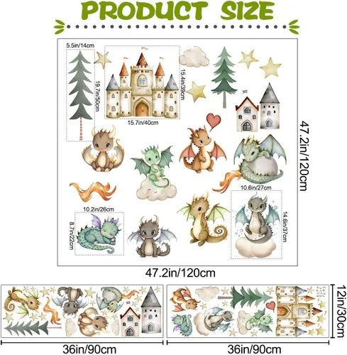 Vista 2 de Calcomanías de pared de dinosaurios de dibujos animados 3D, lindos castillos de dinosaurios para bebé, calcomanías de pared extraíbles de acuarela