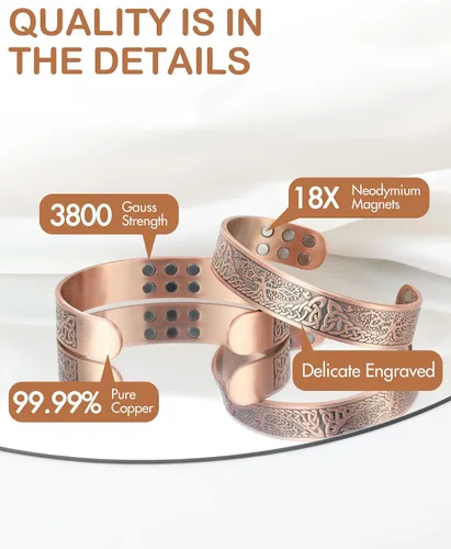Vista 7 de Feraco Pulsera de cobre puro para hombres, pulseras de terapia magnética de fuerza mejorada 18X con 3500 imanes de neodimio Gauss, brazalete