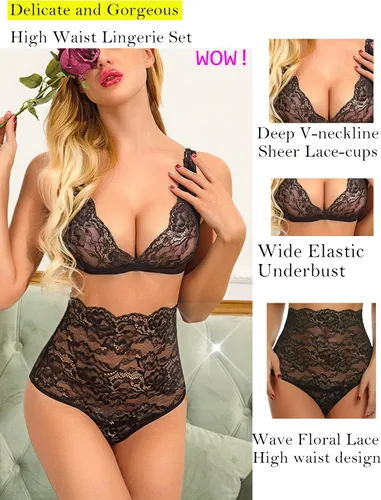 Vista 5 de Avidlove - Conjunto de lencería sexy para mujer, calzones de talle alto y brasier, baby doll de tirantes delgados