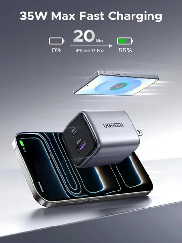 Vista 2 de UGREEN Cargador USB C de 35 W para iPhone 17 de carga rápida, Nexode 2 puertos GaN plegable PPS compacto y rápido bloque de cargador de pared