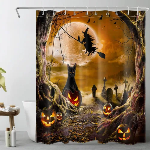 Vista 10 de LB Cortina de ducha espeluznante de Halloween, árbol muerto espeluznante con tela de araña de murciélago, cortina de ducha de baño con temática