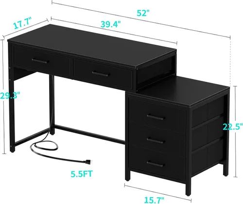 Vista 3 de Unikito Escritorio de computadora reversible con 5 cajones, escritorio de oficina resistente con tomas de corriente y puertos USB, mesa de escritura