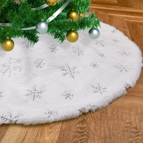 Vista 11 de Falda de árbol de Navidad blanca pequeña de 24 pulgadas, falda de árbol de lentejuelas para árbol de lentejuelas, mini falda de árbol con purpurina