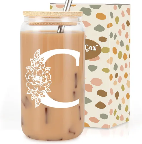 Vista 18 de Taza de Vidrio Inicial Coolife, Regalos Personalizados para Mujeres, Tazas de Vidrio de 16 oz con Tapas y Popotes, Taza para Café Helado, Licuado