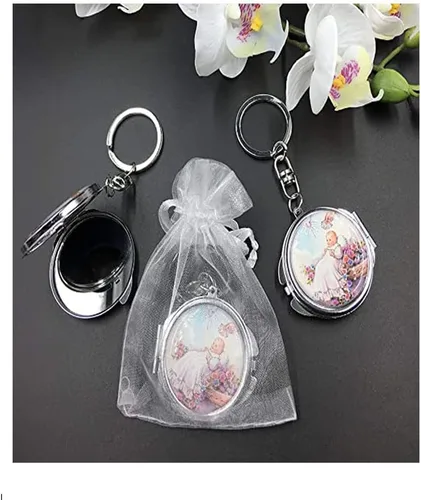 Vista 4 de RBN Llavero de espejo compacto para bautizo, recuerdos, bautizo, diseño de bebé, maquillaje compacto para primera comunión, 12 unidades, Siliver