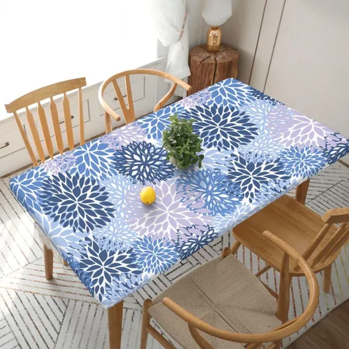 Vista 11 de Fiokroo Mantel de Flores de Crisantemo Azul, Amarillo y Azul Marino con Borde Elástico, Mantel Redondo Lavable y Reutilizable Cubierta de Mesa