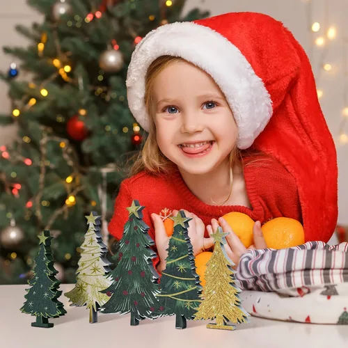 Vista 3 de 3 carteles de árboles de Navidad con bloques de madera de sonrisa Decoraciones de bandeja escalonada de nieve, para estante de mesa para el hogar