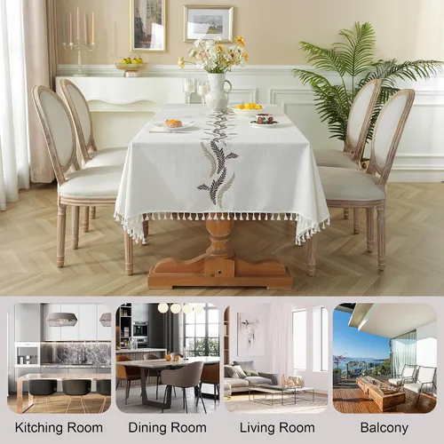 Vista 6 de JIALE Mantel para mesa rectangular, 70 pulgadas, manteles marrón y beige de 70 pulgadas, lino de algodón resistente (2 piezas)