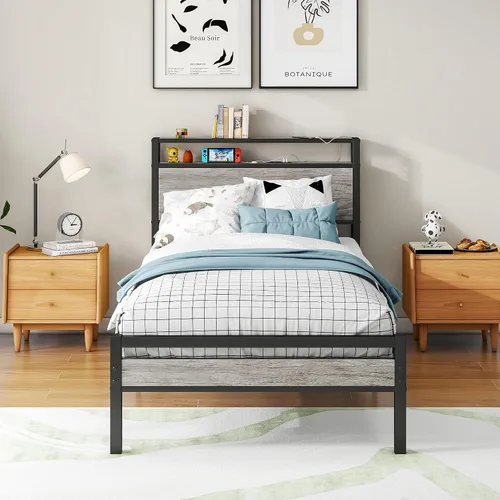 Vista 13 de BOFENG Base de cama Queen con cabecera de almacenamiento, marco de cama de plataforma de metal tamaño Queen con luces LED, estación de carga,