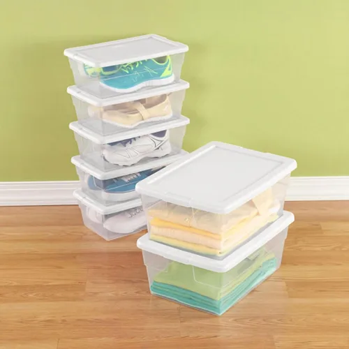 Vista 8 de Sterilite - Paquete de 12 cajas de almacenamiento apilables con tapas a presión; contenedor organizador de plástico resistente para armario, baño