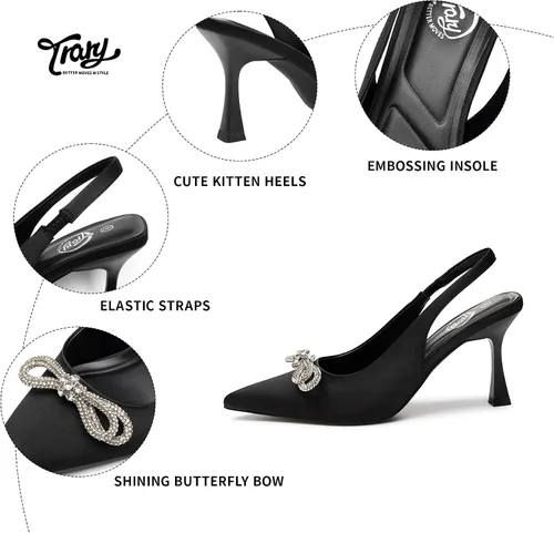 Vista 3 de Trary Tacones de gatito para mujer, tacones con espalda cruzada para mujer, tacones de diamantes de imitación, tacones de lazo brillante, tacones