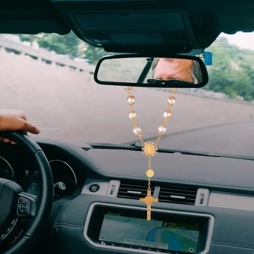 Vista 6 de TIESOME Rosario de coche de 2 piezas, cuentas de rosario para espejo retrovisor con cruz y medalla, accesorios para colgar para decoración de Dorado