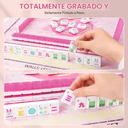 Vista 5 de Mahjong - Juego de azulejos de 160 unidades, acrílico rosa brillante