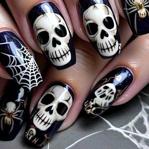 Vista 12 de Uñas postizas a presión para Halloween, cuadradas, cortas, con diseños de bosque lunar, uñas postizas con pegamento oscuro brillante en las uñas