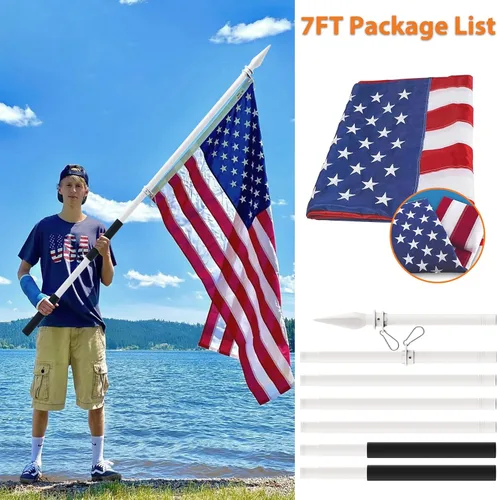 Vista 3 de YeYeBest Poste de bandera de mano de 4 pies a 7 pies con bandera estadounidense de 3 x 5 pies, tecnología resistente a enredos de 360°, con mango