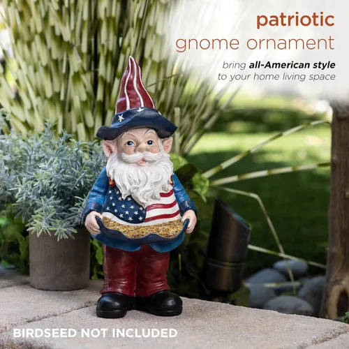 Vista 4 de Alpine Corporation Gnomo de jardín americano para exteriores de 12 pulgadas de alto con comedero para pájaros y decoración de estatua de patio