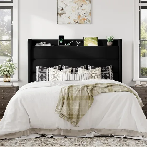 Vista 3 de Allewie Estructura de Cama Tapizada Tamaño Full con Estación de Carga y Cabecera con Almacenamiento, Cama Plataforma de Terciopelo Suave