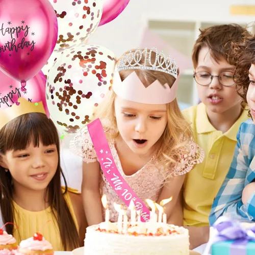 Vista 4 de Decoraciones de cumpleaños número 10 para niñas, banda y corona de dos dígitos con purpurina rosa intenso, globos de papel de aluminio de estrella