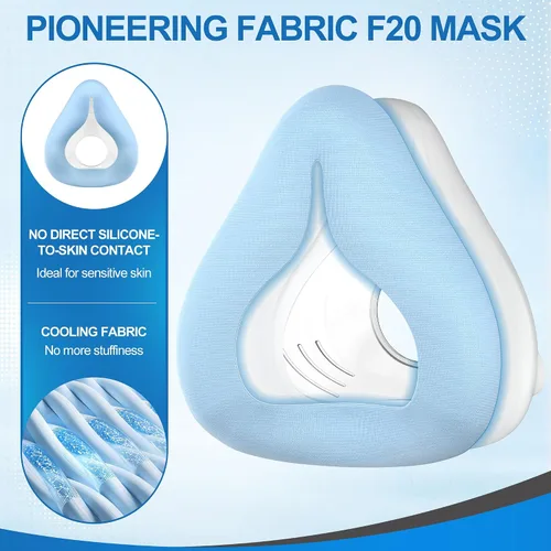 Vista 4 de 2 máscaras de tela de repuesto estilo F20 (pequeña), sin contacto de silicona, cojín CPAP de cara completa envuelta por tela de enfriamiento