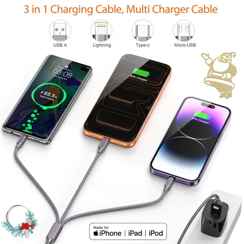 Vista 4 de Cable de carga múltiple (paquete de 2 unidades de 6 pies), cable de carga 3 en 1, esenciales de viaje, cargador de iPhone, cable trenzado de nailon