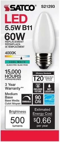 Vista 4 de Satco 6Pk 5.5w B11 LED 4000K base media esmerilada regulable - 60w equiv