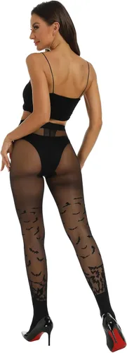 Vista 8 de MANZI Medias de Halloween para mujer, a rayas, con estampado de murciélagos y nailon Mallas con estampado de murciélagos