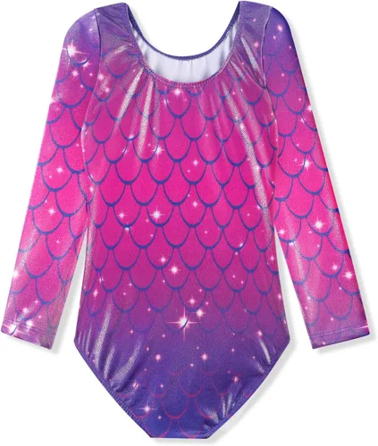 Vista 2 de HOZIY - Leotardos de manga larga para niñas, de gimnasia, para niños pequeños, trajes florales de unicornio, galaxia, arco iris, patrón de rayas