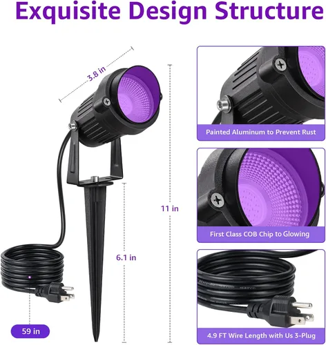 Vista 7 de URTOM Luz negra para exteriores de 120 V para Halloween, luz negra, impermeable, luz LED negra, luz LED negra, 15 W, focos morados, luces negras