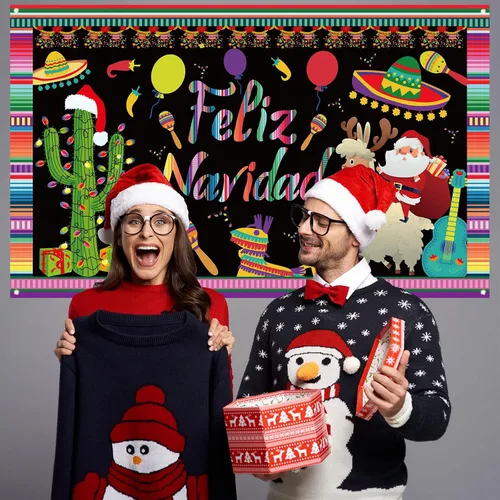Vista 5 de Decoraciones de Feliz Navidad, telón de fondo para fotografía, pancarta de Navidad mexicana, decoraciones de Navidad y suministros para fiesta