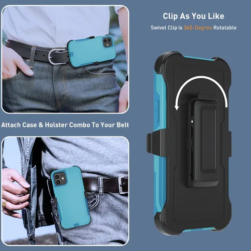 Vista 3 de Xmon Funda para iPhone 11, resistente y resistente con clip para cinturón, a prueba de golpes, protector de pantalla de vidrio templado + protector