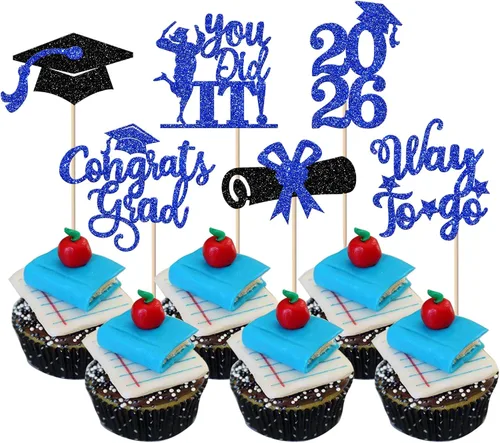 Vista 22 de Paquete de 24 adornos para cupcakes de clase de 2026 con purpurina 2026 para diploma de graduación 2026, selecciones para cupcakes para graduación