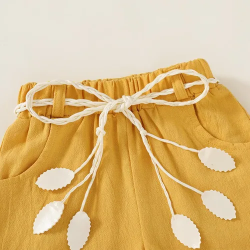 Vista 6 de YOUNGER TREE - Conjunto de ropa para bebés y niñas, camiseta de sandía y pantalones cortos de lino con cinturón, conjunto de verano lindo Abeja feliz