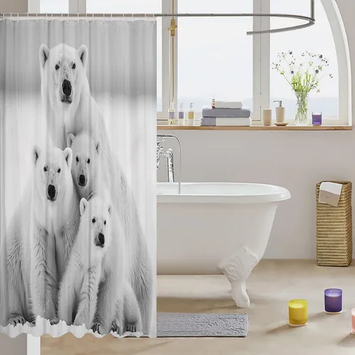 Vista 3 de Homewish Cortina de ducha de oso polar para niños, adultos, juego de cortina de baño de nieve y hielo, cortinas naturales impermeables