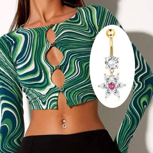 Vista 4 de Sanfenly 14G Belly Button Rings for Women 316L Surgical Steel belly rings Cute Dangle CZ Heart Flower Butterfly Evil Eye Leaf Dangling Navel Rings