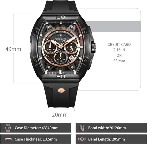 Vista 3 de Paras Crown - Reloj para hombre, resistente al agua, automático, cronógrafo, analógico, de lujo, reloj de pulsera para hombre