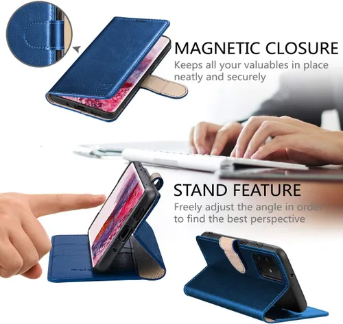 Vista 4 de Belemay Funda tipo cartera para Galaxy S20+ Plus, de piel auténtica, con bloqueo RFID, funda protectora con tapa, cierre magnético con función atril