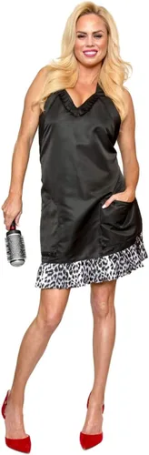 Vista 2 de BeautyLove Delantal de salón para mujer, diseño de guepardo, blanco y negro, con volantes, plisado, dos grandes cremalleras, bolsillos de poliéster