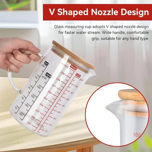 Vista 3 de Taza medidora de vidrio transparente, taza medidora de vidrio con tapa Taza medidora con escalas de medición y boquilla para cocina o restaurante