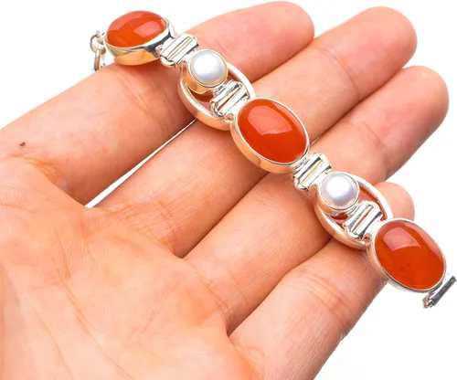 Vista 3 de Natural cornalina y perla de río hecho a mano único 925pulsera de plata de ley 714734y0104